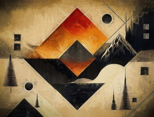 Abstract Geometric Landscape. The artwork features a geometric landscape composed of various shapes and colors.
