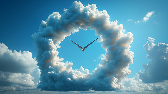 Clock hands in cloud formation against blue sky. Time management concept with natural elements symbolizing deadline, schedule, and passing time