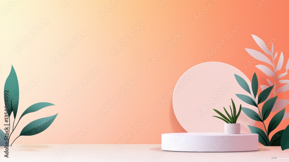 Poster a minimalist design featuring a circular display with plants, set against a soft gradient background
