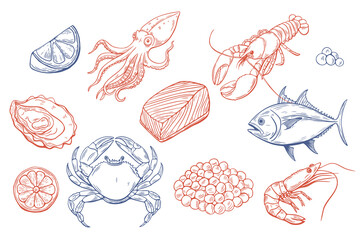 seafood clipart set with crab, tuna, shrimp and lemon in sketch style © Anna