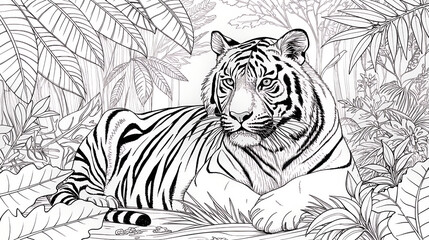 Relaxing Tiger in Tropical Jungle Coloring Page for Adult Creativity.
