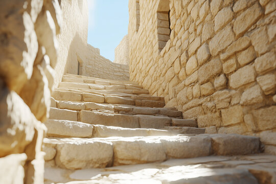 Ancient stone stairway leading through a medieval village or castle ruins in warm sunlight, textured sandstone architecture in historic setting