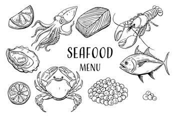 seafood line art set black  fish, crab, shrimp, squid, caviar illustration