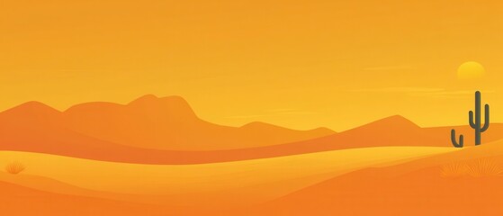 Tranquil Desert Landscape with Warm Orange Sunset and Cactus