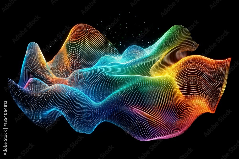 Poster intricate neon wave patterns and scattered stars create a futuristic data connectivity mosaic