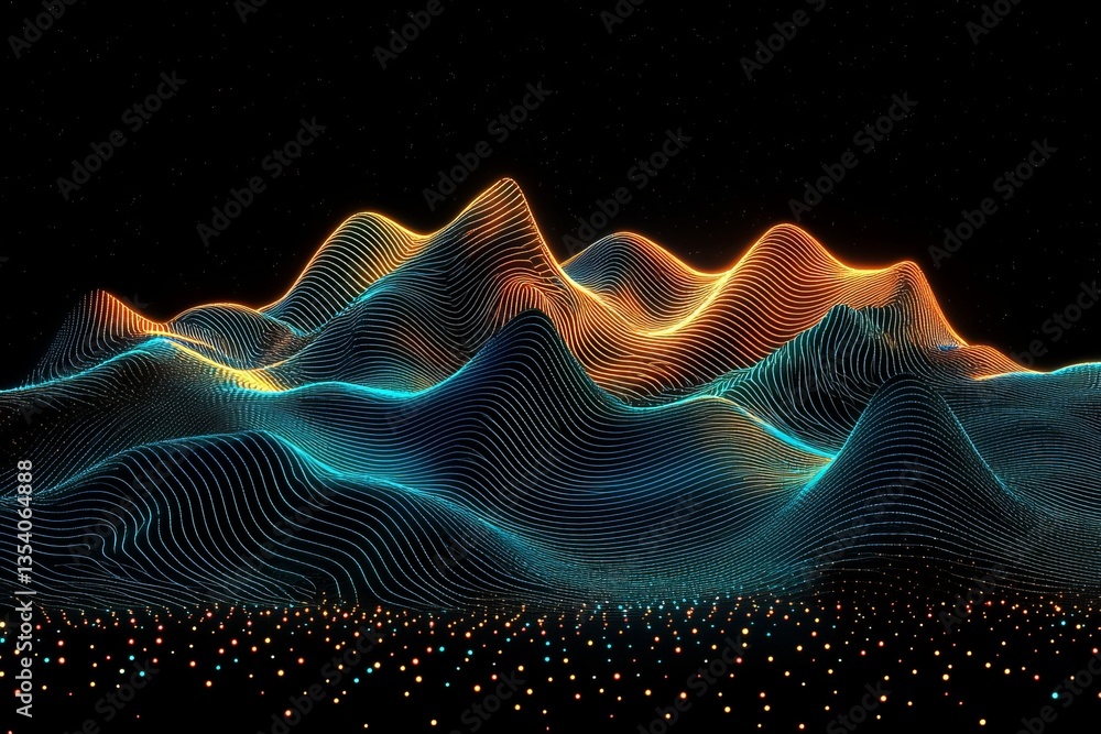 Poster intricate neon wave patterns with scattered stars on a black background symbolizing innovation