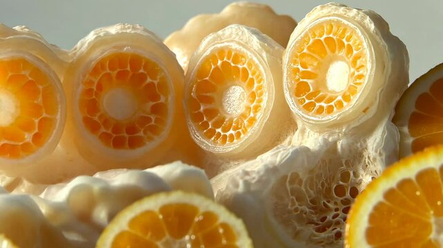 Unique citrus fruit slices showcase vibrant colors and intricate patterns while resting on a smooth surface