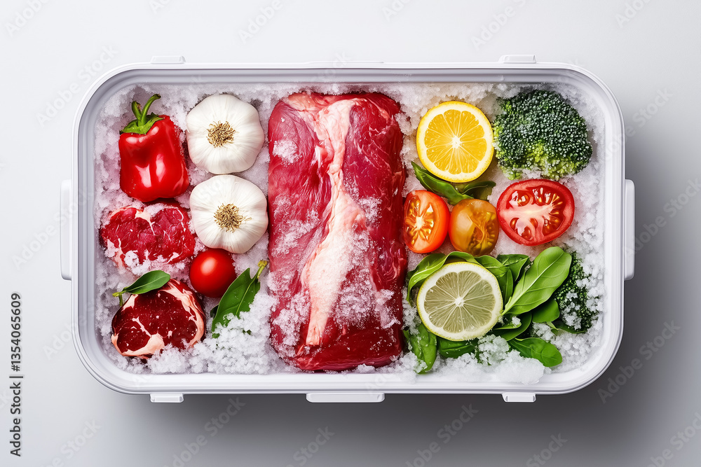 Aufkleber fresh vegetables and cuts of meat placed on ice in a container for meal preparation. setting highlig