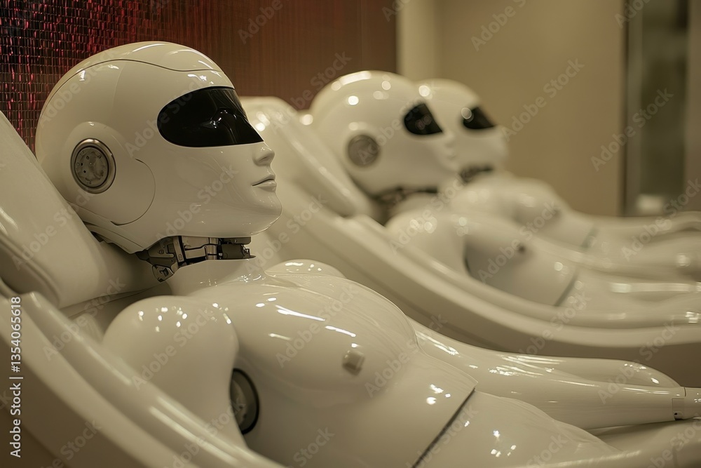 Poster advanced humanoid robots resting in a modern lounge area at a tech expo