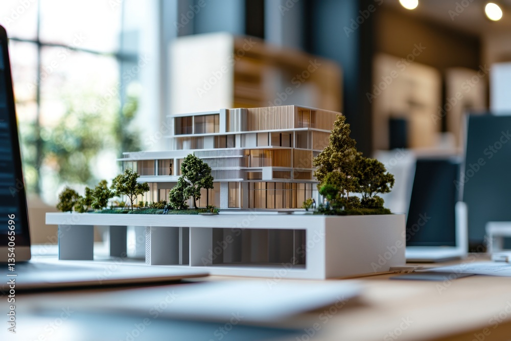 Poster modern architectural model displayed on a work table in a design studio with natural light