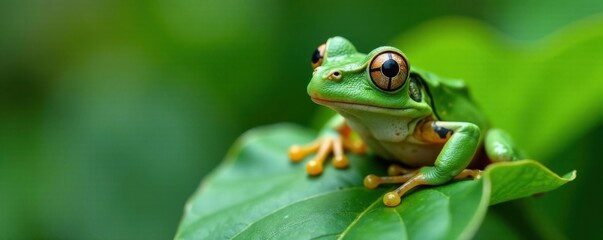 Obraz premium Frog looking out from behind a leaf, green background, hiding spot