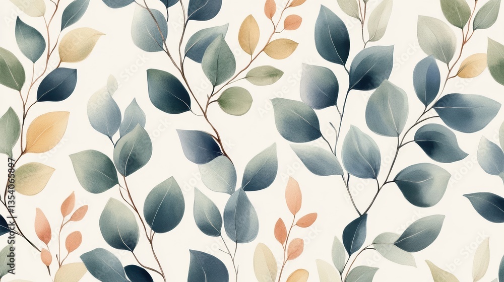 Poster a serene pattern of stylized leaves in various shades, creating a calming and natural aesthetic on a