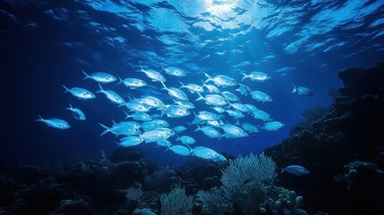 A school of glowing bioluminescent fish swimming through the dark, vibrant ocean depths, illuminating their surroundings.