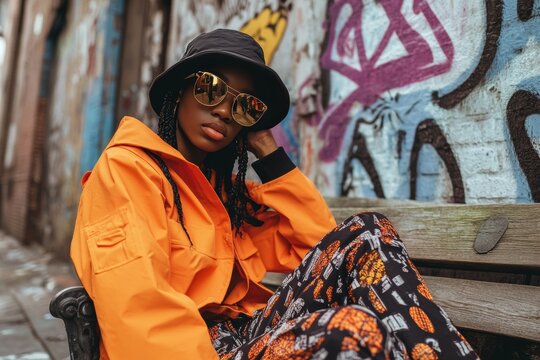 Vibrant portrait of a young black non binary model in sporty attire against urban graffiti backdrop
