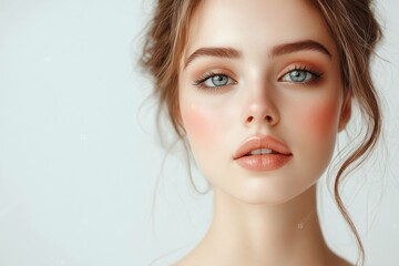 Naklejka premium Close up portrait of a beautiful young woman with natural makeup and soft lighting, highlighting her expressive blue eyes and glowing skin tone, perfect for beauty and skincare concepts