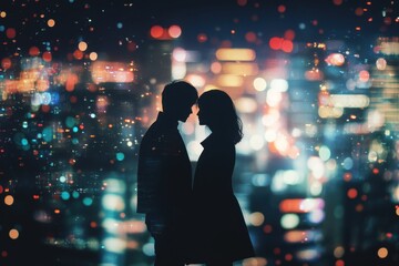 Romantic couple silhouettes against a vibrant city skyline at night