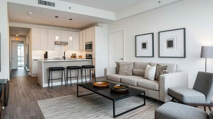 Fototapeta premium Cozy modern condo living room urban setting interior design warm neutral tones contemporary view inviting atmosphere