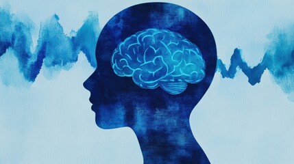 A silhouette of a head with a blue brain illustration, set against a textured background, symbolizing thoughts and mental processes.