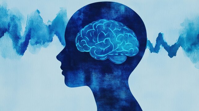 A silhouette of a head with a blue brain illustration, set against a textured background, symbolizing thoughts and mental processes.