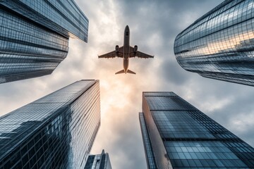 Dramatic low angle view of london s skyscrapers with airplane and overcast sky shadows