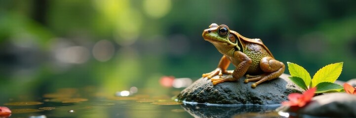 Obraz premium Frog sitting on a rock in the water, surrounded by flowers and leaves, nature, frogs