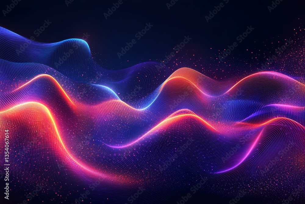 Poster futuristic digital wave design with neon lines and particles on a dark starry background