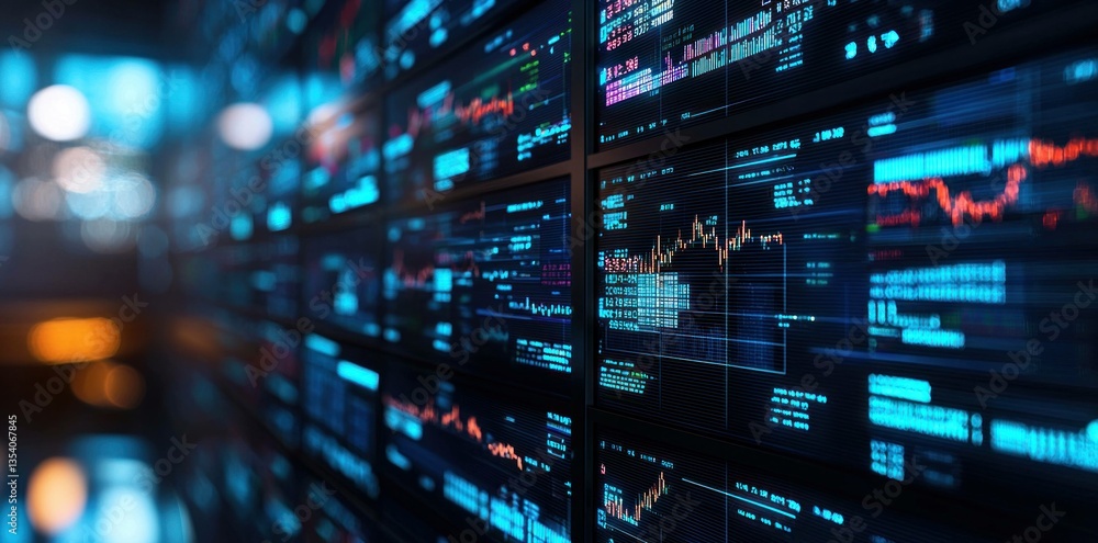 Aufkleber abstract digital financial trading visualization with colorful charts and data on a dark background,