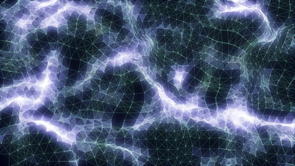 Glowing wave with motion dots and lines with top view. Abstract digital background. Concept connection big data. Futuristic technology backdrop. 3D rendering.
