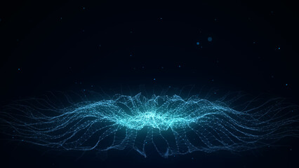 3D futuristic circle wave. Abstract digital background. Glowing music sound wave with dots and lines. Technology backdrop with moving particles. Graphic effect network connection. 3D rendering.