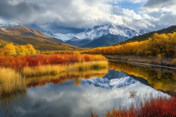 Obraz premium Winding river reflecting autumn colors amidst snow capped mountains under cloudy skies