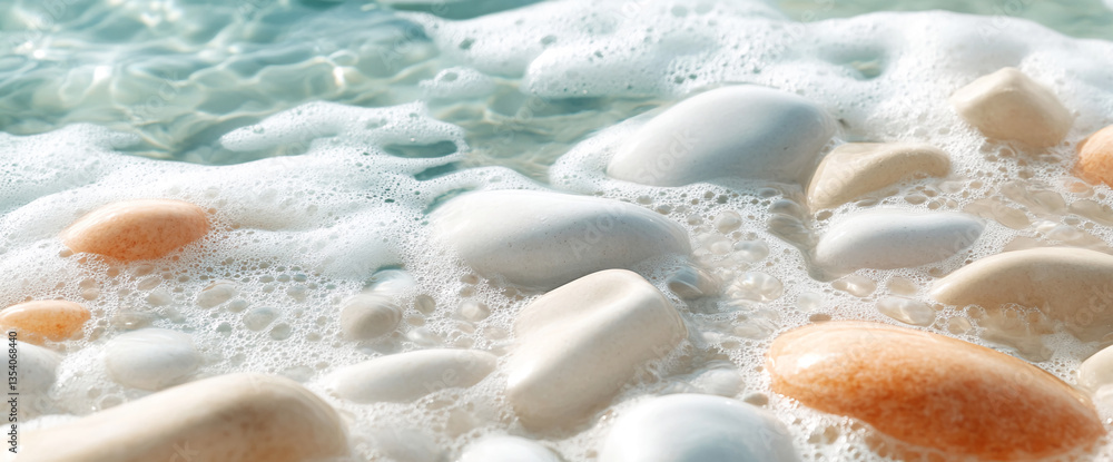Poster smooth, pale stones submerged in bubbly water, creating a serene and calming image, showcasing a spa
