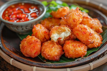 Fried bean cakes arranged on a plate with a side of chili sauce