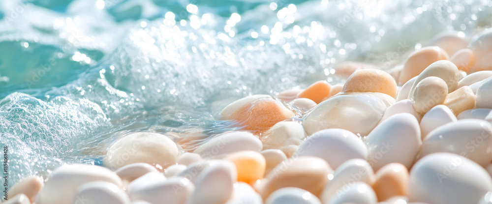 Poster close-up of smooth, white and peach-colored stones partially submerged in clear water, creating a tr