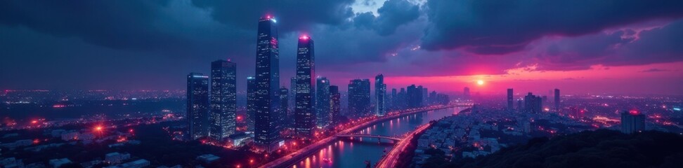 Naklejka premium Moody urban landscape with sleek skyscrapers and neon lights, edgy, grunge