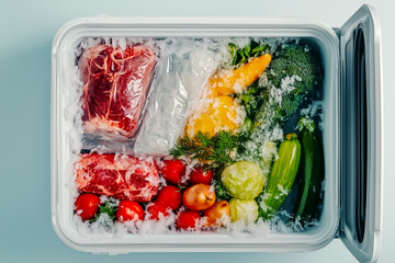 Frozen vegetables and meats displayed in white cooler on light background. Neat arrangement for efficient storage. Concept of meal preparation, food preservation, grocery retail