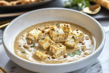 Malai Paneer - Silky Cashew Sauce with Saffron and Nut Garnish, Indian Curry