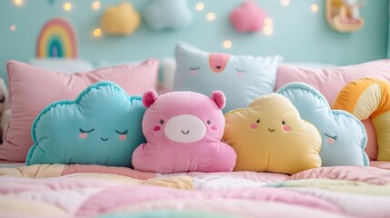 Cozy kids bed with cloud pillows pastel room interior design serene environment close-up view dreamy concept
