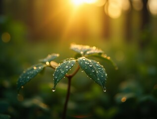 Sun rays illuminating dew drops on leaves in a forest, with macro photography and bokeh effect
