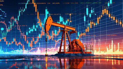 Oil pump jack with financial trading chart in background showing fluctuating market data and energy industry trends
- Powered by Adobe