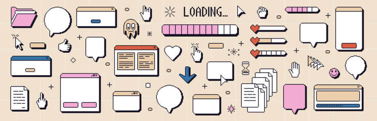 Pixel art windows interface vintage. 8 bit browser and menu elements with cursors and loading bar. Pixel speech bubbles screens 90s style. Ui message frames figures. Vector set isolated illustration.