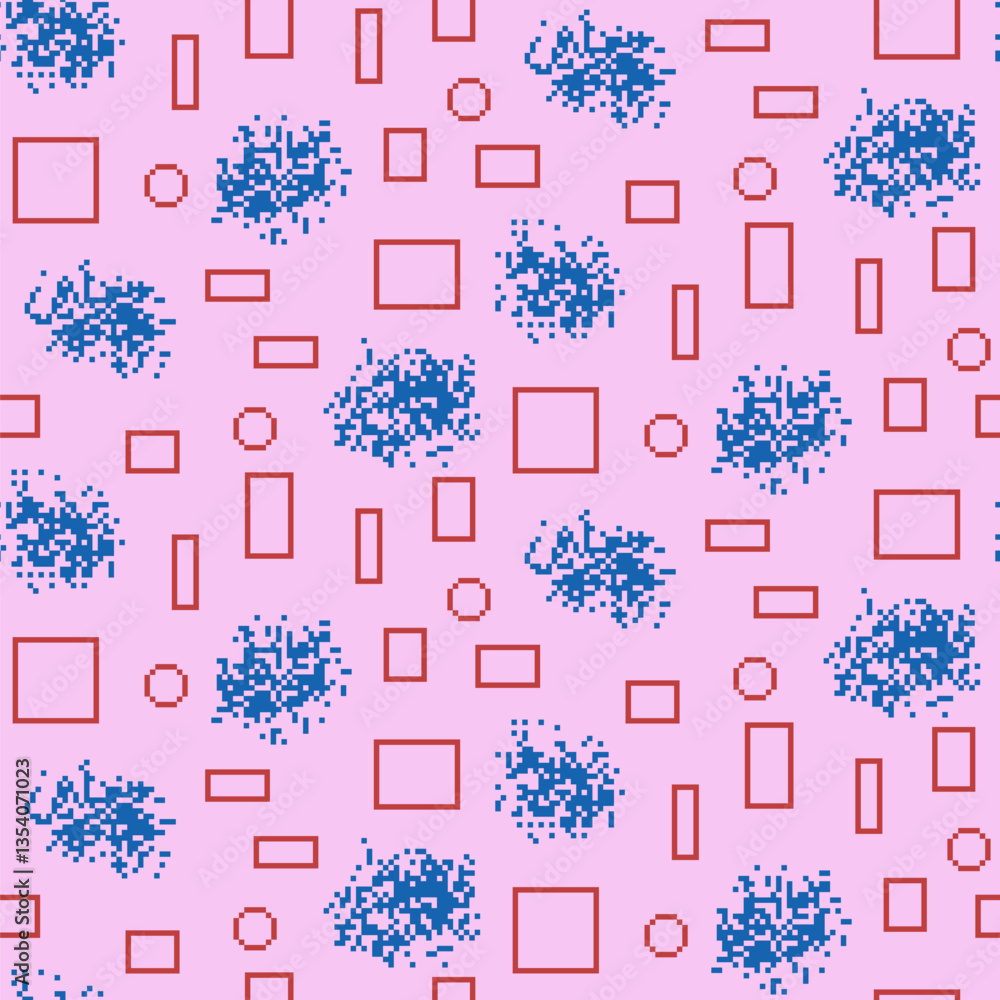 Poster pixel art geometric seamless pattern. circular and rectangle ornament 8 bit endless background. 90s 