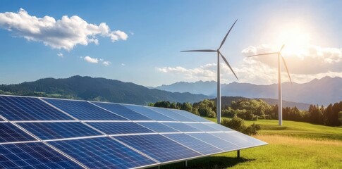 A wide view of solar panels and wind turbines in a sustainable energy landscape under a clear blue sky.