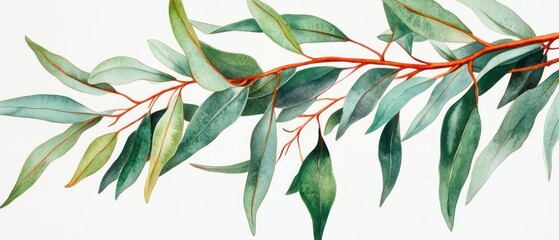 A watercolor painting of vibrant Australian gum tree leaves, showcasing rich green tones and subtle brown accents