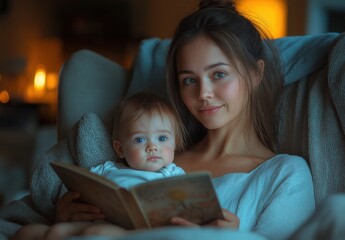 Mom reading a book to her child before bedtime.