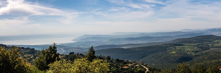 Panoramic view of the Lower Galilee and the Sea of Galilee from Mount Meron in the Upper Galilee in Israel.
