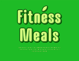 Vector Healthy badge Fitness Meals. Unique Elegant Font. Bright Decorative Alphabet Letters and Numbers set.