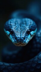 Scaled face of blue viper snake, sharp fangs exposed , reptile, viperid