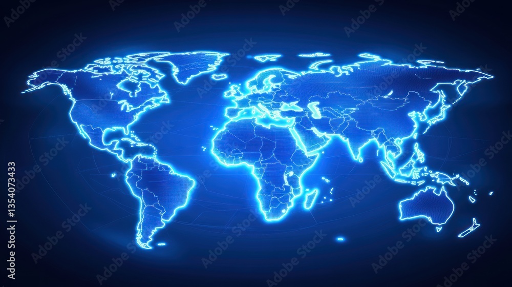 Poster global map outline with glowing blue borders. digital world map graphic. suitable for presentations 