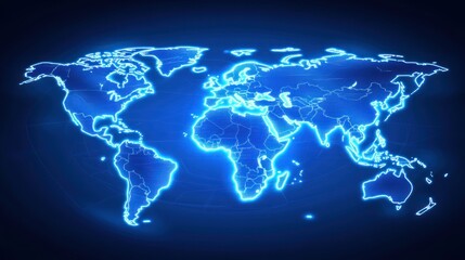 Global map outline with glowing blue borders.  Digital world map graphic.  Suitable for presentations or backgrounds