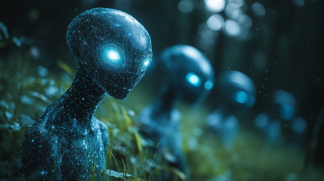 Alien figure with glowing blue network pattern against forest background, digital concept of extraterrestrial intelligence in nature
